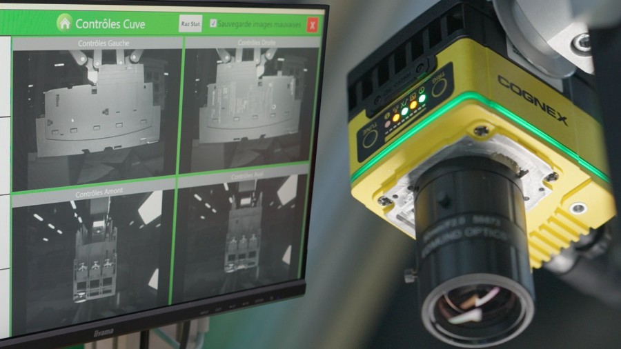 A Cognex machine vision system in action at Schneider Electric inspecting an electrical component.
